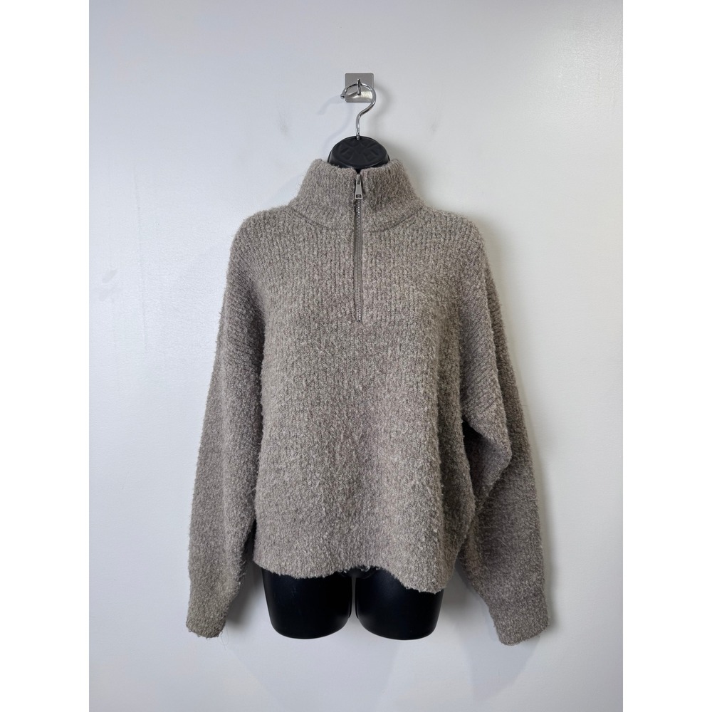 Le Bon Shoppe Women Andre Taupe Boucle Quarter Zip Pullover Sweater XS/S